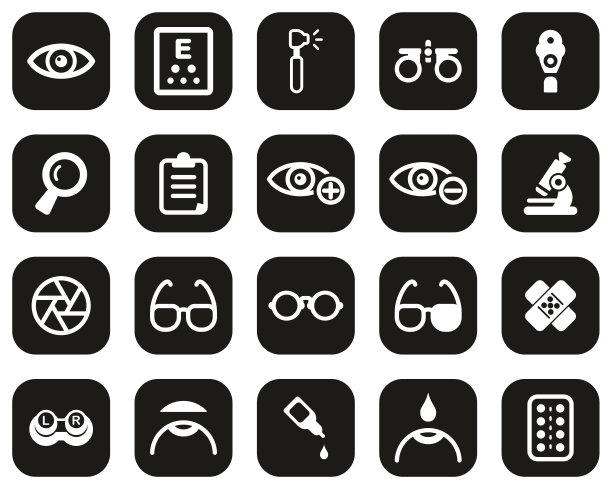 验光考试和验光设备图标白色在黑色平面设计集大图片下载