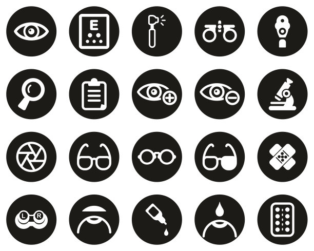 验光考试和验光设备图标白色在黑色平设计圈设置大图片下载