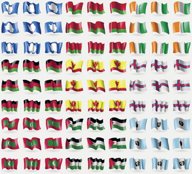 南极洲，白俄罗斯，科特迪瓦，马拉维，丘瓦希亚，法罗群岛，马尔代夫，巴勒斯坦，危地马拉。一套大的81面旗帜。向量图片下载