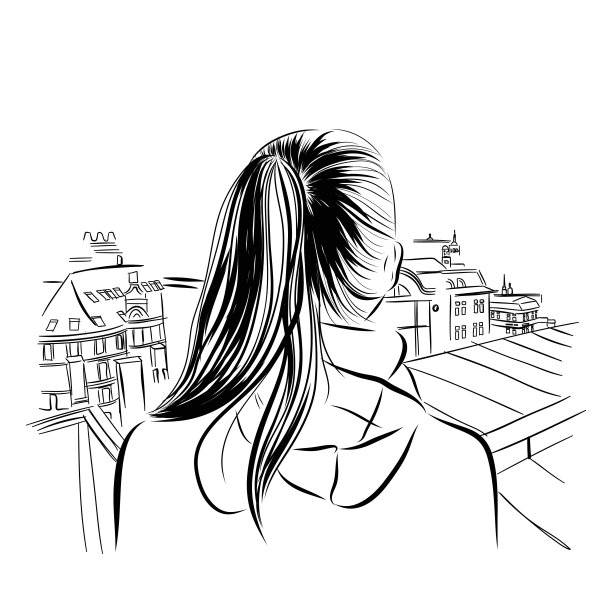 美丽的女人脖子与城市viev手绘矢量插图。图片下载