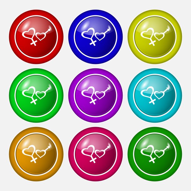 男女标志。符号上有九个圆形彩色按钮。向量图片下载