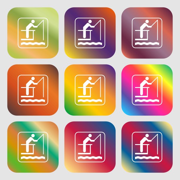 钓鱼标志图标。9个带有明亮渐变的按钮，设计美观。向量图片下载