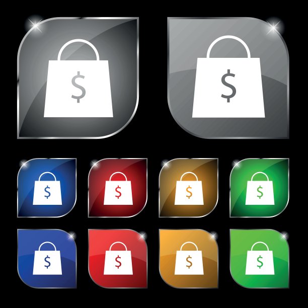 购物袋图标标志。十套彩色按钮与眩光。矢量信号。十套彩色按钮与眩光。向量图片下载