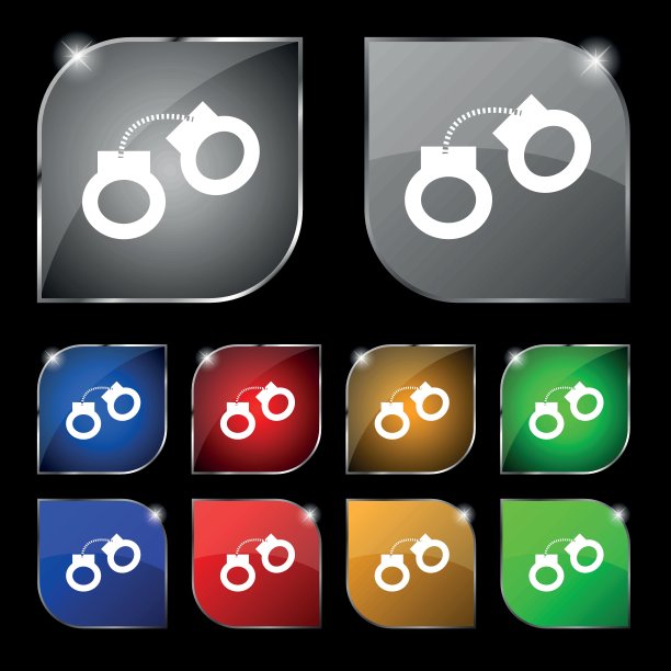 手铐图标符号。十套彩色按钮与眩光。矢量信号。十套彩色按钮与眩光。向量图片下载