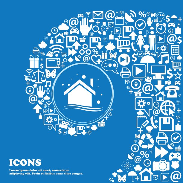 冬天的房子图标。一组漂亮的图标扭曲成一个大图标的中心螺旋。向量图片下载