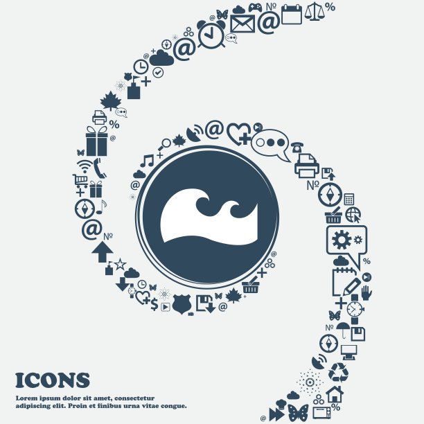 波浪图标在中心。围绕着许多美丽的符号盘旋而成。您可以分别在您的设计中使用它们。向量图片下载