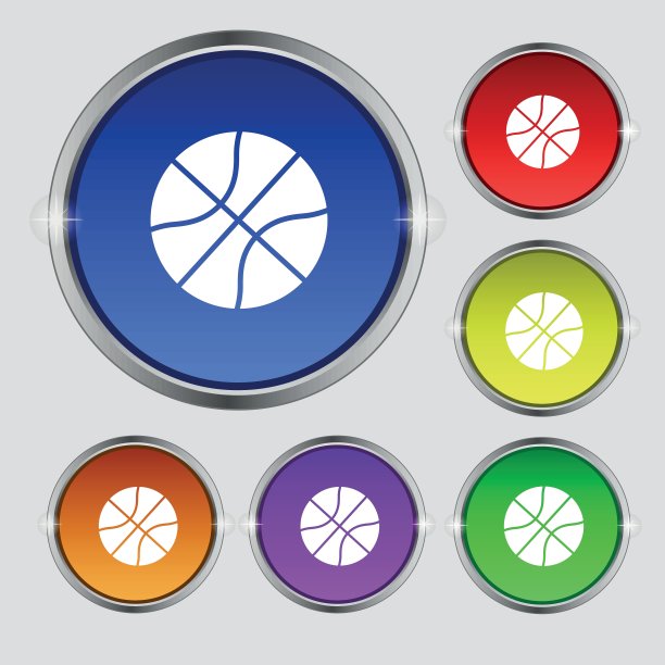 篮球偶像的迹象。圆形符号上鲜艳的色彩按钮。向量图片下载