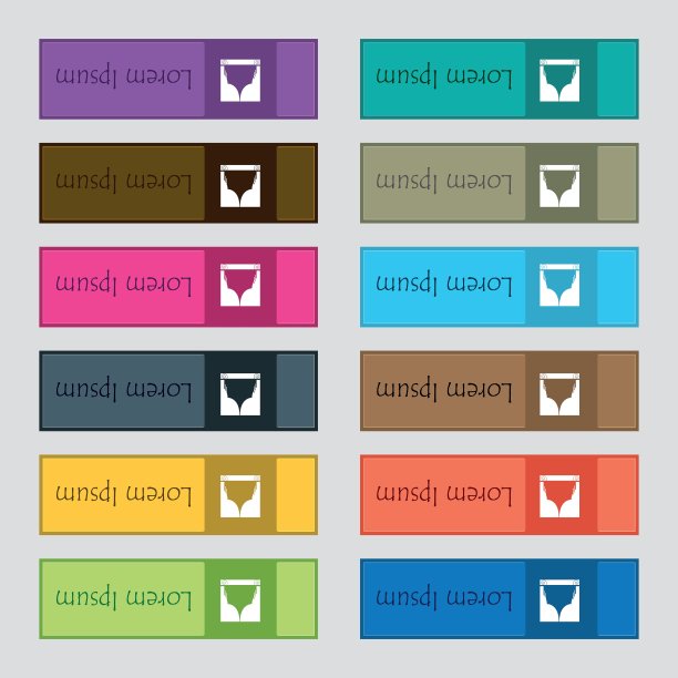 窗帘图标标志。一套12个长方形，色彩鲜艳，漂亮，高质量的按钮为网站。向量图片下载