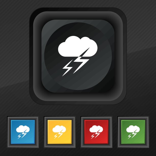 天气图标符号。五套彩色，时尚的钮扣黑色纹理为您的设计。向量图片下载