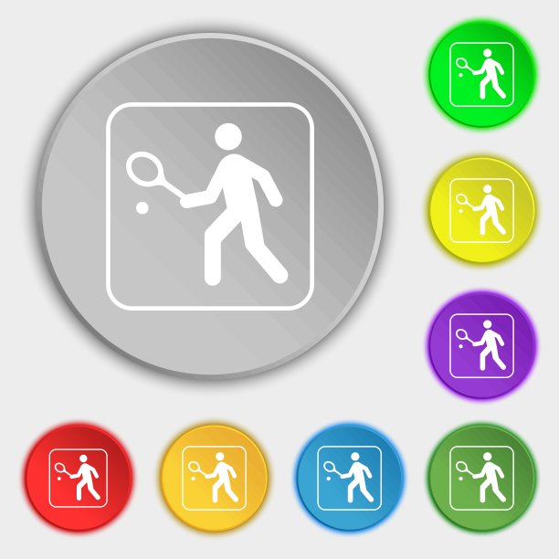 网球运动员的标志。符号在八个平面按钮上。向量图片下载