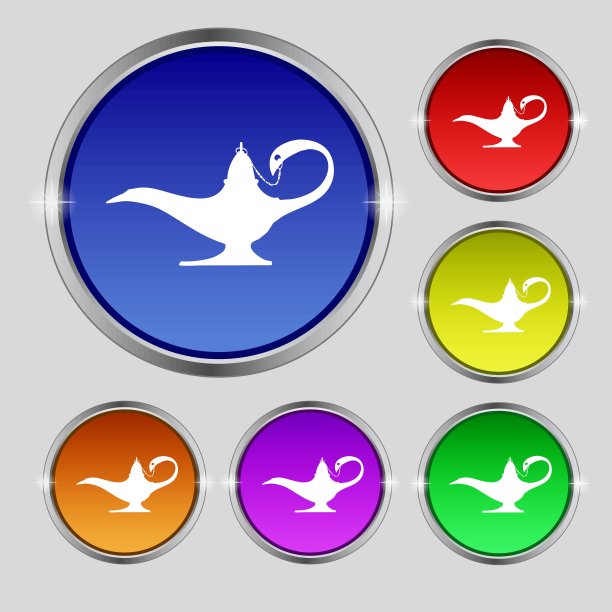 阿拉丁神灯灯神标志。圆形符号上鲜艳的色彩按钮。向量图片下载