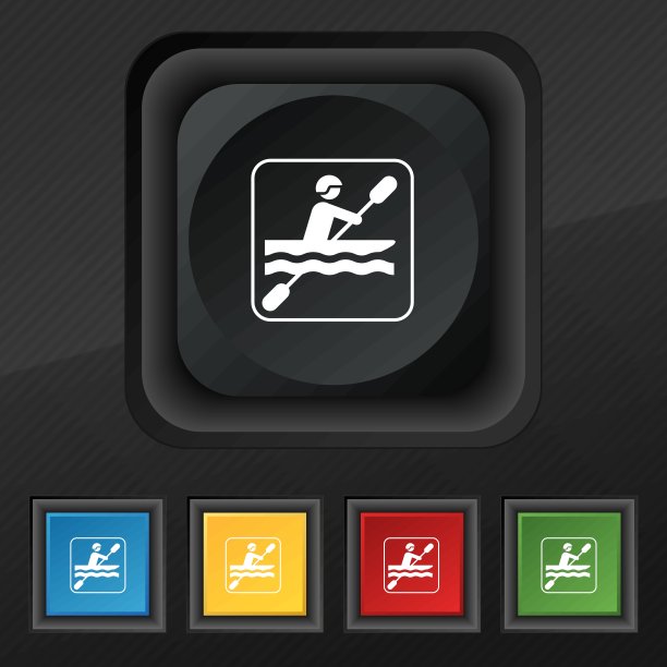 划独木舟的图标符号。五套彩色，时尚的钮扣黑色纹理为您的设计。向量图片下载