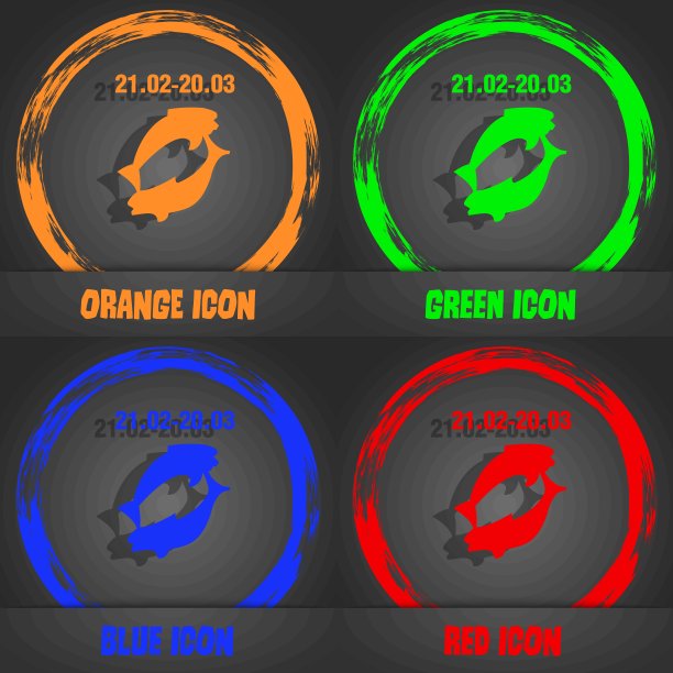 双鱼座星座图标。时尚的现代风格。橙色，绿色，蓝色，红色的图案。向量图片下载