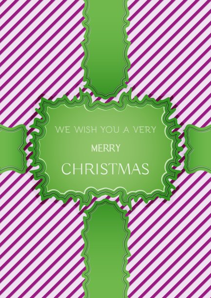 带条纹和绿色丝带的圣诞卡图片下载