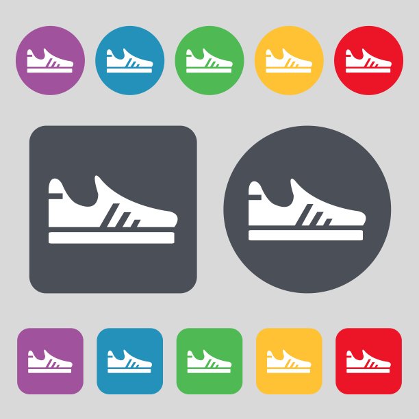 跑鞋图标标志。一套12个颜色的按钮。平面设计。向量图片下载