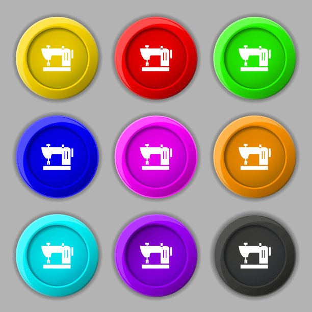 缝纫机图标标志。符号上有九个圆形彩色按钮。向量图片下载