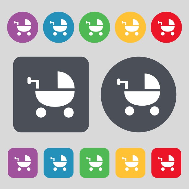 婴儿车图标标志。一套12个颜色的按钮。平面设计。向量图片下载