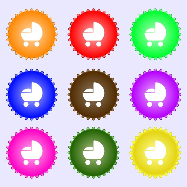 婴儿车图标标志。大套彩色，多样，高品质的纽扣。向量图片下载