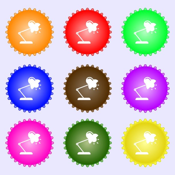 台灯图标标志。大套彩色，多样，高品质的纽扣。向量图片下载