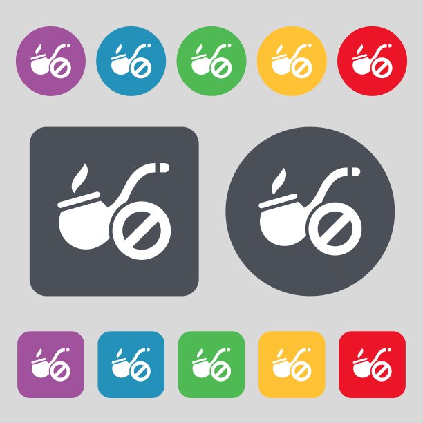 禁止吸烟标志。一套12个颜色的按钮。平面设计。向量图片下载