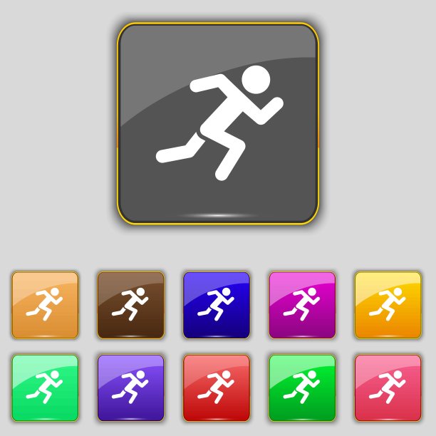 简单的运行人体图标标志。为你的网站设置11个颜色的按钮。向量图片下载