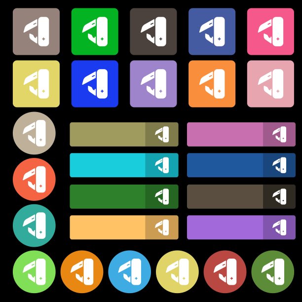 刀，野餐的标志。由27个彩色平面按钮设置。向量图片下载