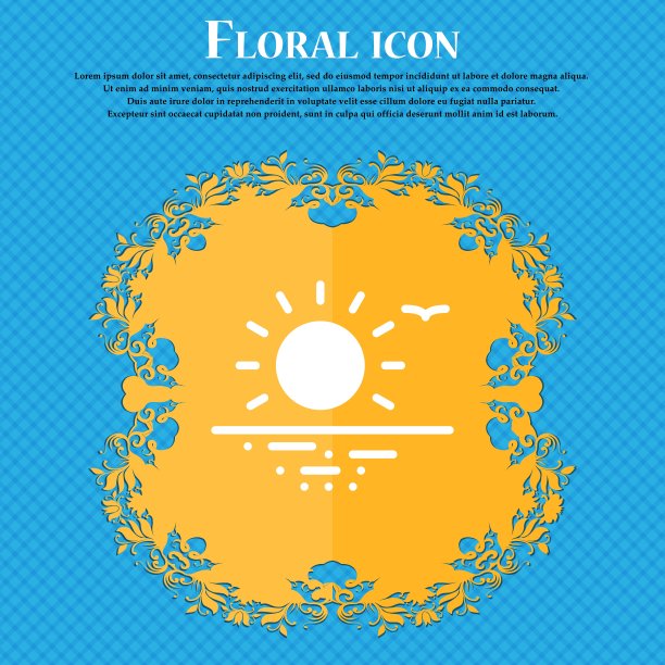 日落图标符号。花卉平面设计的蓝色抽象背景与地方为您的文本。向量图片下载
