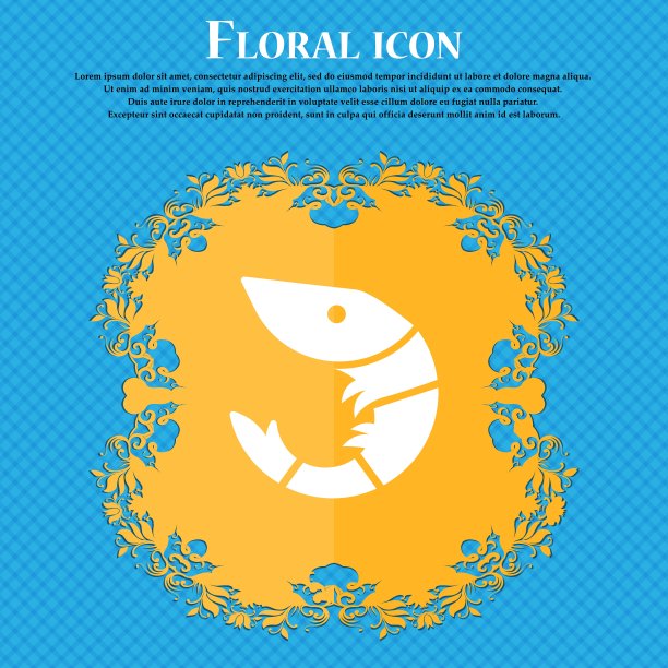 虾、海鲜的标志。花卉平面设计的蓝色抽象背景与地方为您的文本。向量图片下载