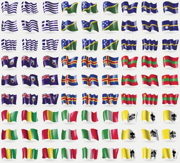 希腊、所罗门群岛、瑙鲁、福克兰群岛、奥兰、德涅斯特河沿岸、几内亚、意大利、梵蒂冈城。一套大的81面旗帜。向量图片下载