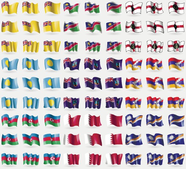 纽埃、纳米比亚、奥尔德尼、帕劳、蒙特塞拉特、卡拉巴赫共和国、阿塞拜疆、巴林、马绍尔群岛。一套大的81面旗帜。向量图片下载