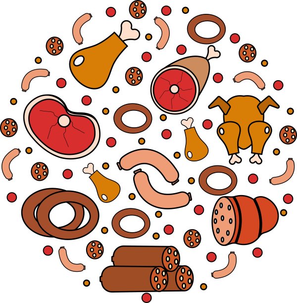 肉和香肠的图标设置为圆形，具有现代线条风格。新鲜孤立在白色背景。产品,食品。矢量图图片下载