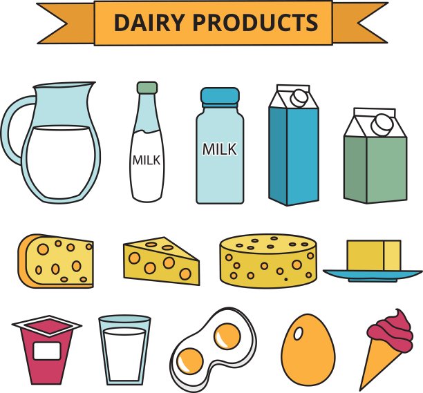 乳制品图标集。现代、线条、轮廓风格。在白色背景上分离的奶制品。牛奶和奶酪收藏。农场的食物。矢量图图片下载