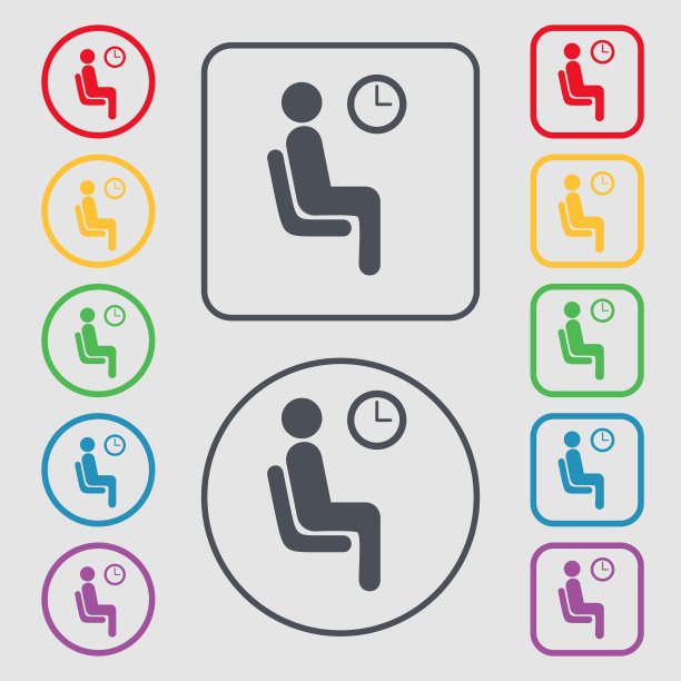 等待图标符号。符号在带有框架的圆形和方形按钮上。向量图片下载