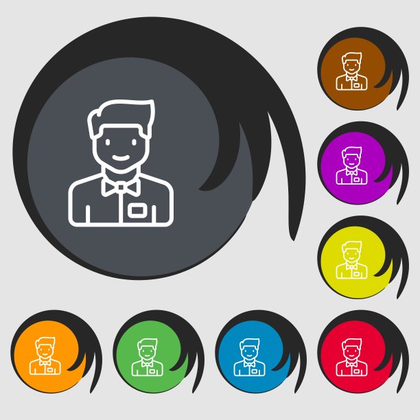 服务员图标符号。八个彩色按钮上的符号。向量图片下载