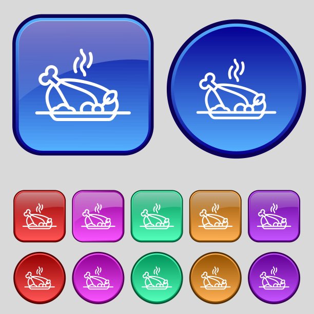 烧烤，鸡肉，肉类，烧烤，香料标志图标。你设计的一套12个老式纽扣。向量图片下载