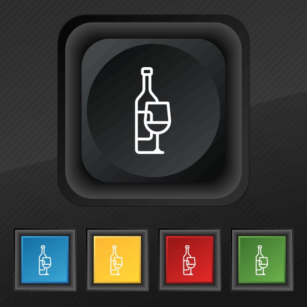 酒瓶和酒杯的图标象征。五套彩色，时尚的钮扣黑色纹理为您的设计。向量图片下载