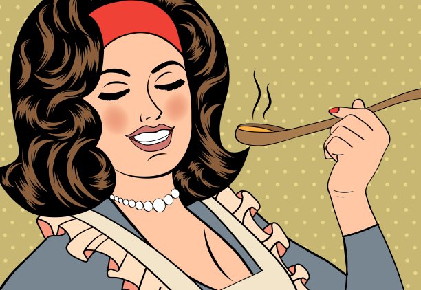 流行艺术复古女围裙品尝她的食物图片下载