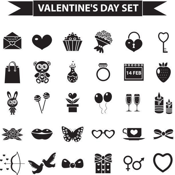 情人节图标集，黑色剪影风格。爱情、浪漫、婚礼收集符号、符号，孤立在白色背景上。矢量插图剪辑艺术。图片下载