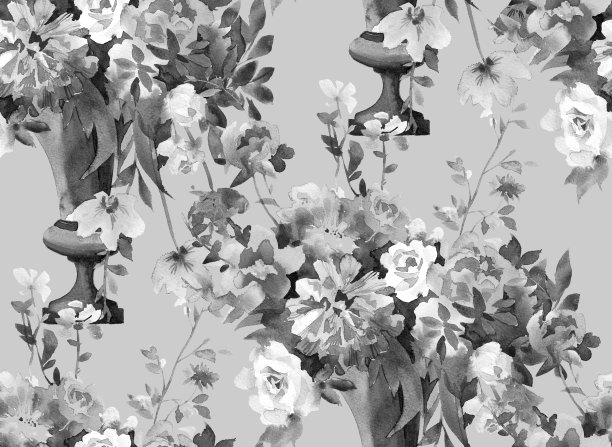 水彩玫瑰花瓶单色无缝模式图片下载