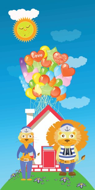 狮子和母狮子有房子和许多气球图片下载