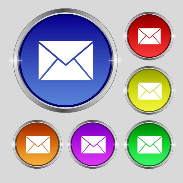 邮件，信封图标标志。圆形符号上鲜艳的色彩按钮。向量图片下载