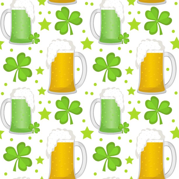 圣帕特里克节的无缝模式与啤酒和三叶草。没完没了的背景纹理。矢量插图。图片下载