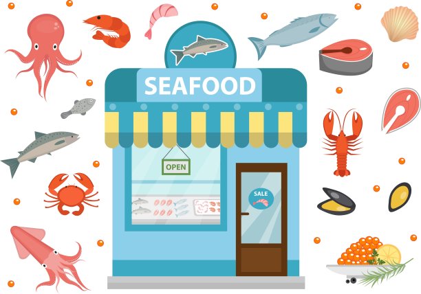 海鲜图标设置与商店大楼，鱼，章鱼，鱿鱼，虾，蟹。孤立在白色背景上。矢量图图片下载