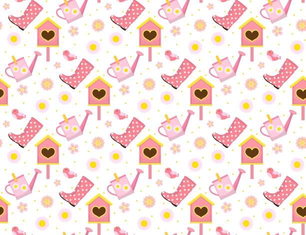 春季无缝图案与燕八星屋。禽舍没完没了的背景。园艺纹理,墙纸。可爱的孩子们的背景。矢量插图。图片下载