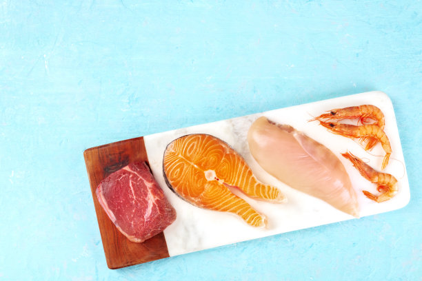 新的蛋白质。生牛肉，鲑鱼，鸡胸和虾，从顶部拍摄的蓝色背景与文字的地方图片下载