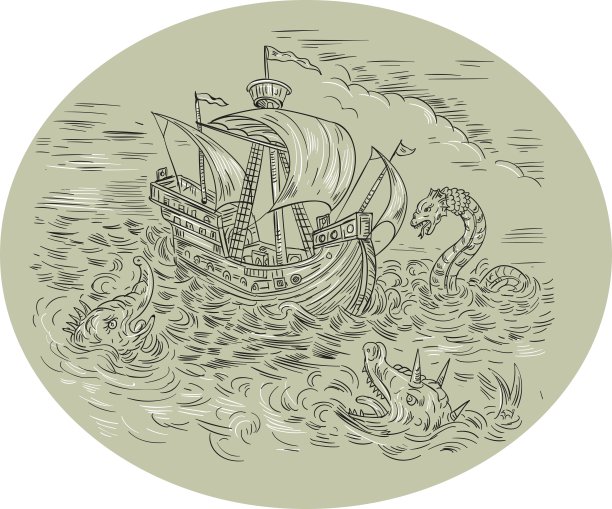 高船汹涌的海蛇椭圆形画图片下载