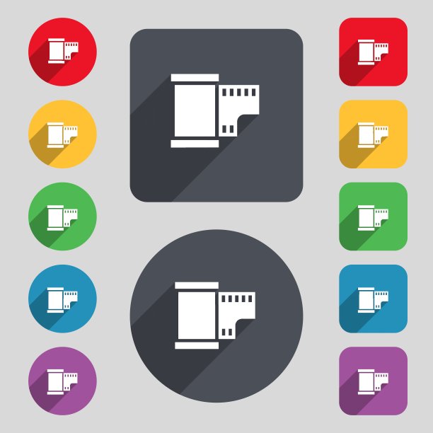 35毫米底片图标标志。一套12种颜色的纽扣和一个长长的影子。平面设计。向量图片下载