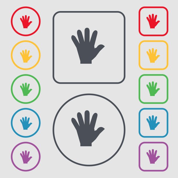 手的图标符号。符号在带有框架的圆形和方形按钮上。向量图片下载