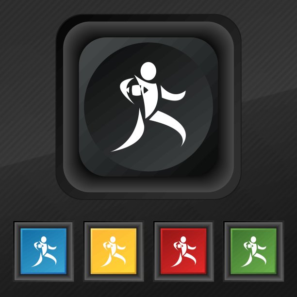 橄榄球运动员跑步用球的图标符号。五套彩色，时尚的钮扣黑色纹理为您的设计。向量图片下载