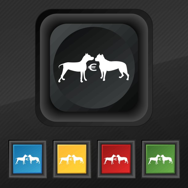 赌斗狗标志。五套彩色，时尚的钮扣黑色纹理为您的设计。向量图片下载